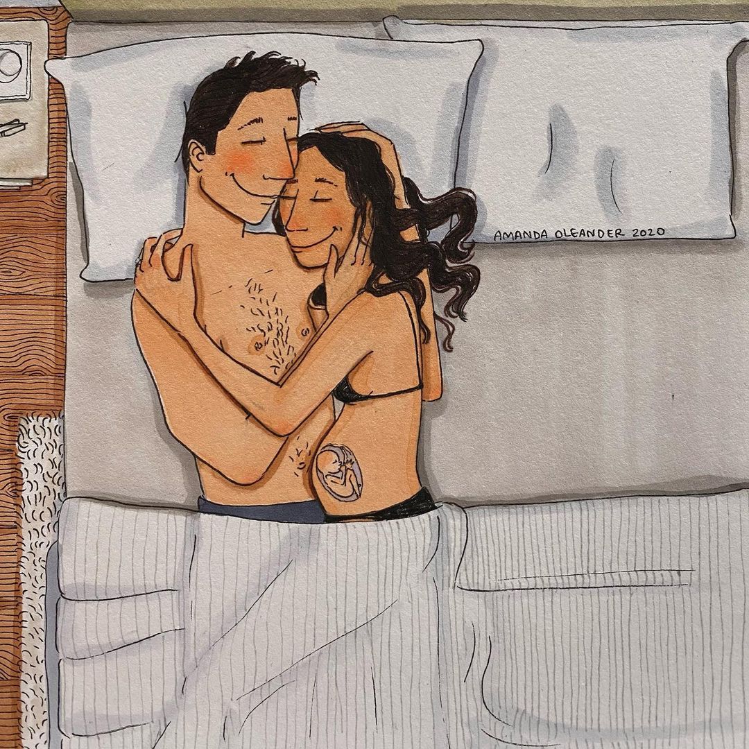 artwork of a man and a pregnant woman sleeping together 