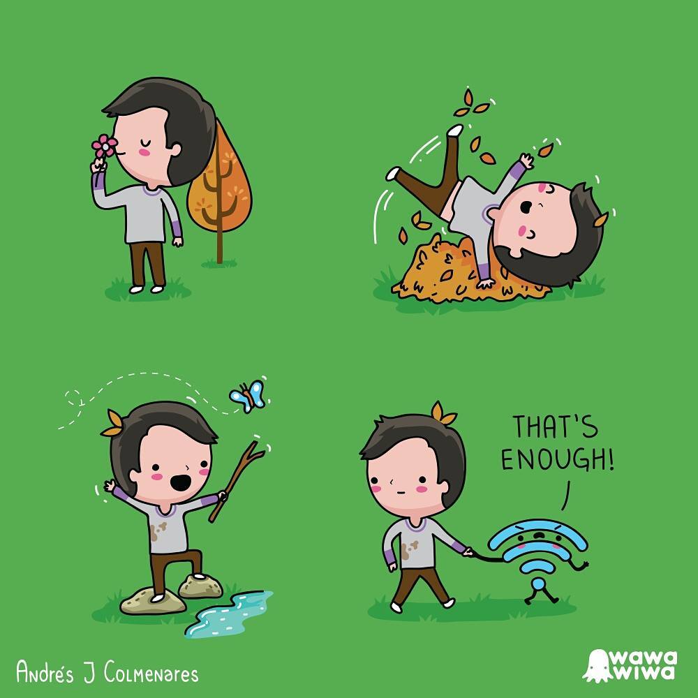a comic about a Wi-Fi fetching a boy playing outside 