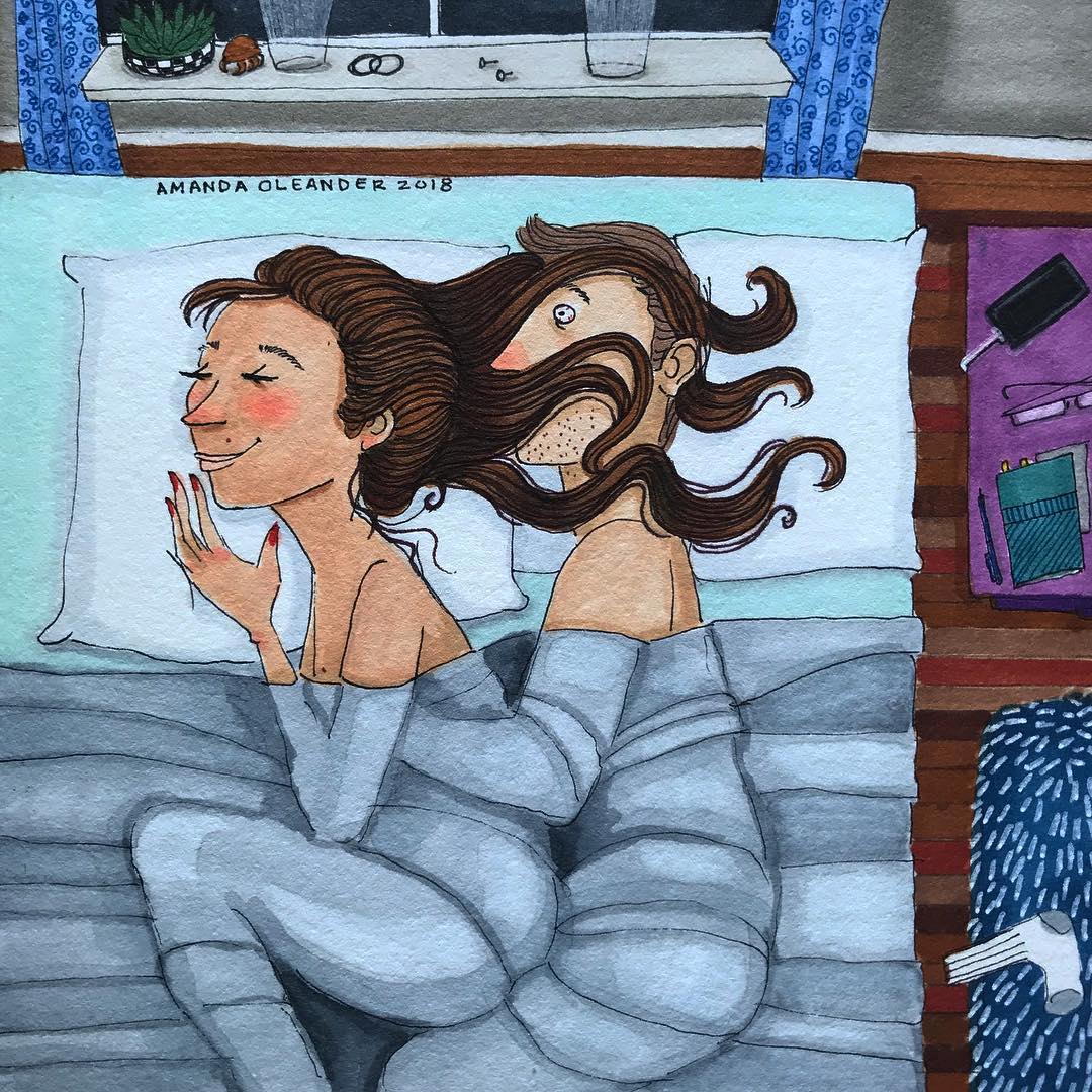 artwork of a man and a woman sleeping together with her hair on his face 