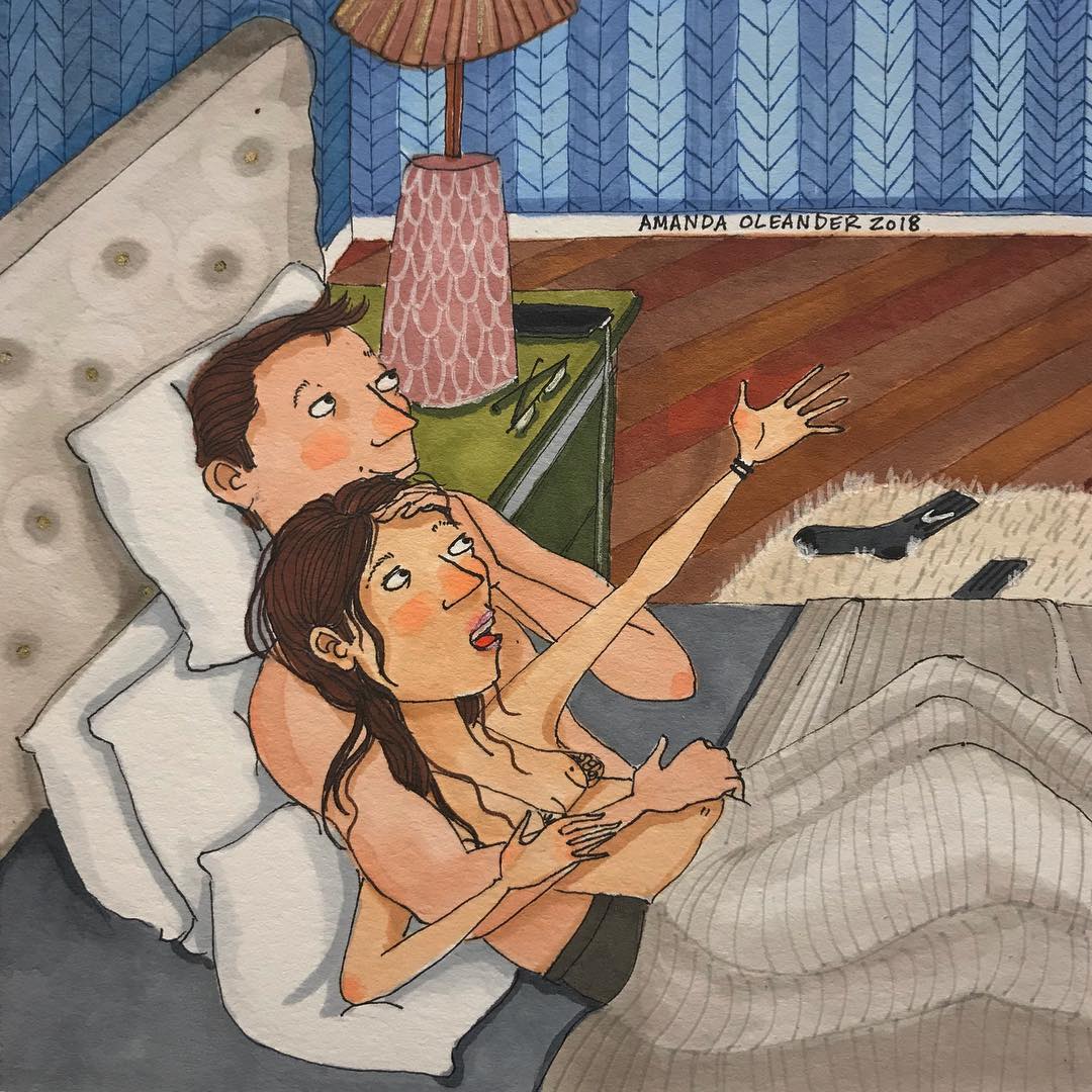 artwork of a couple in bed talking 