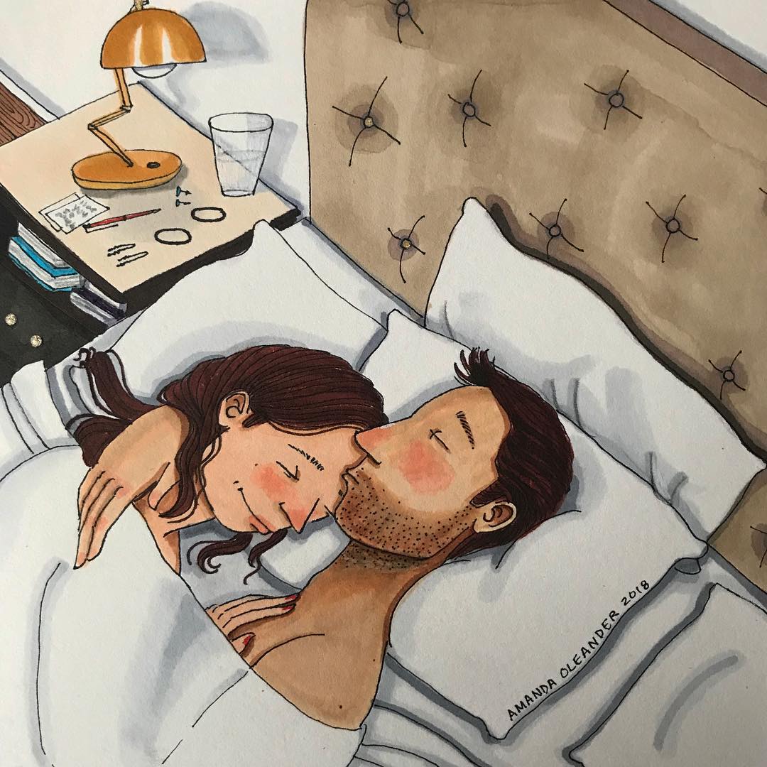 artwork of a man kissing his woman's forehead in the bed