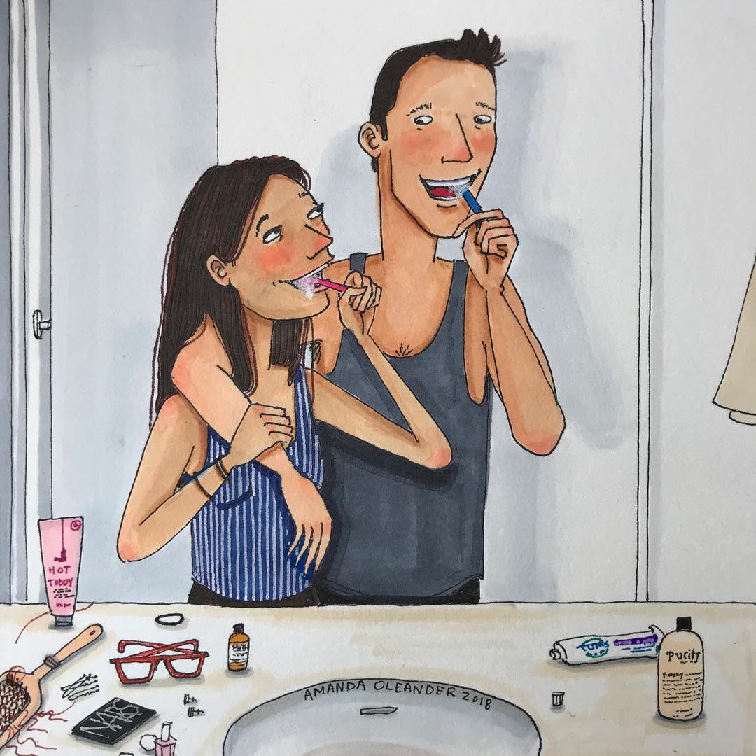 artwork of a man and woman brushing their teeth together