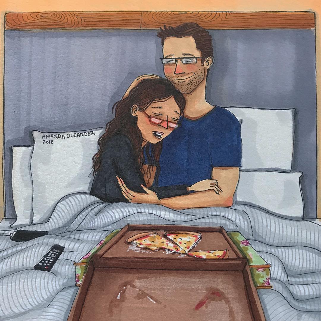 artwork of a couple eating pizza together 