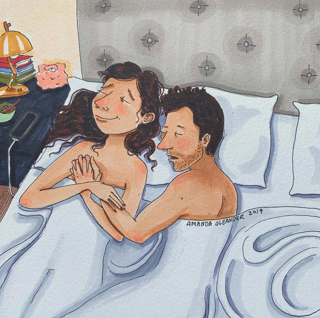 artwork of a woman crying because of happiness while sleeping with her man