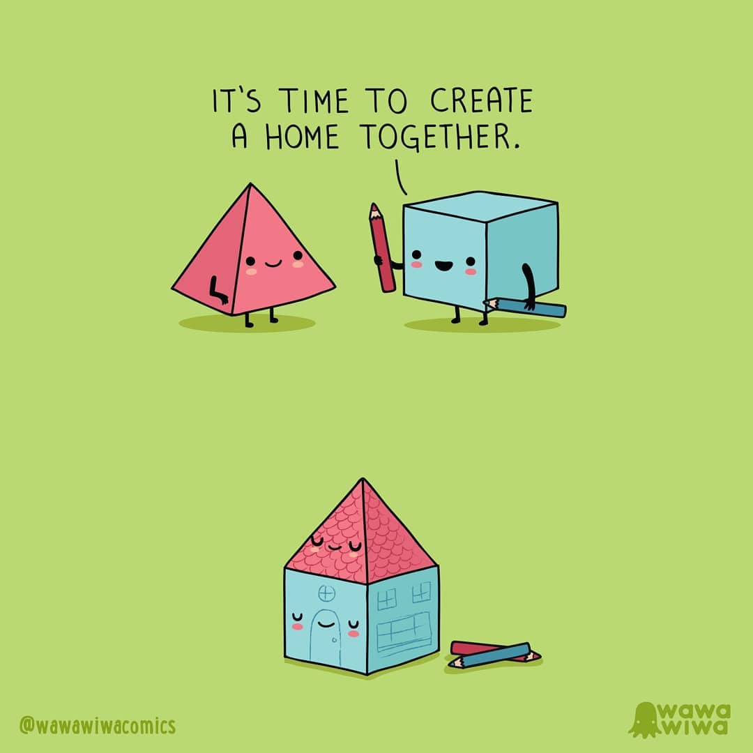 comic about a pyramid and a box making a house 