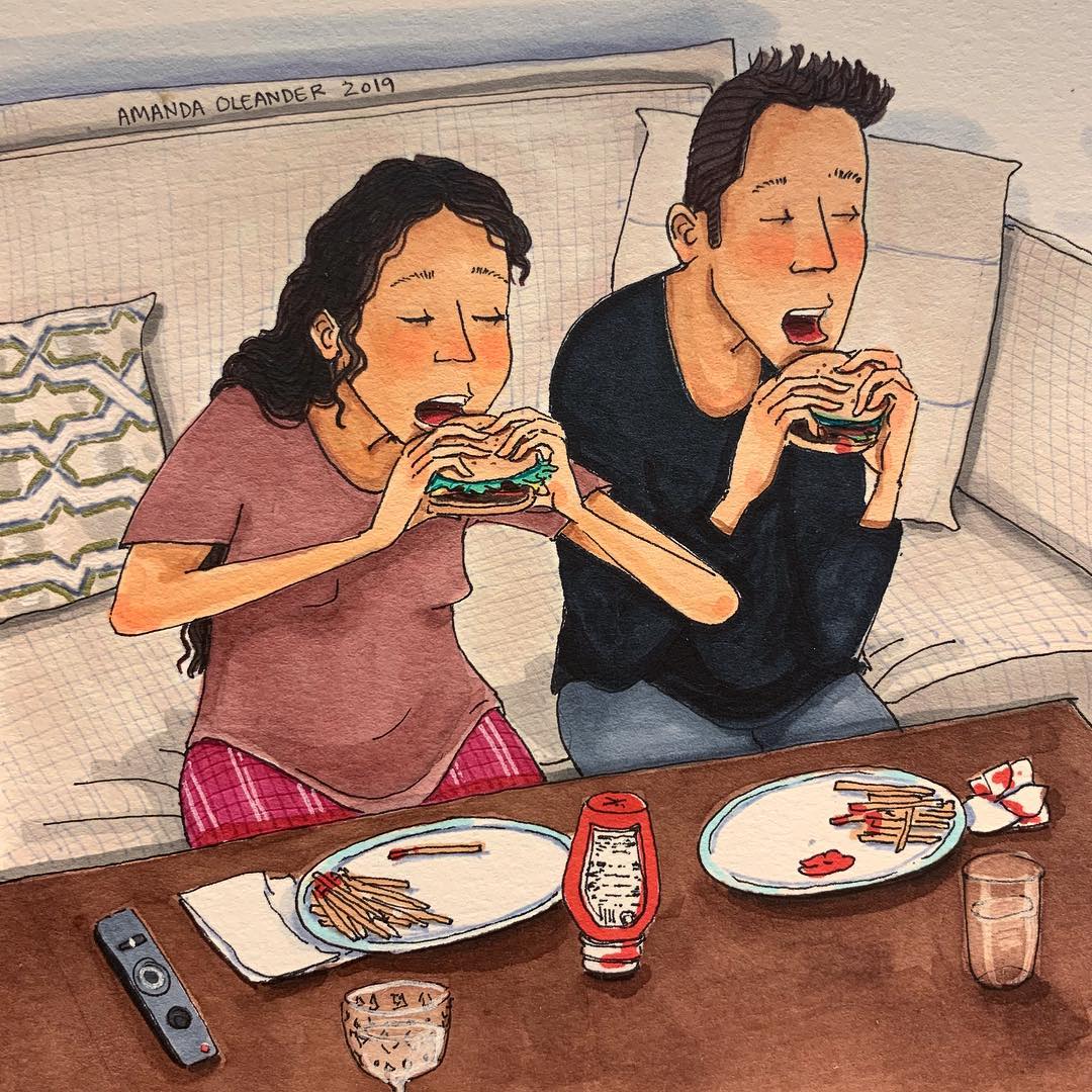 artwork of a couple eating burger and fries 