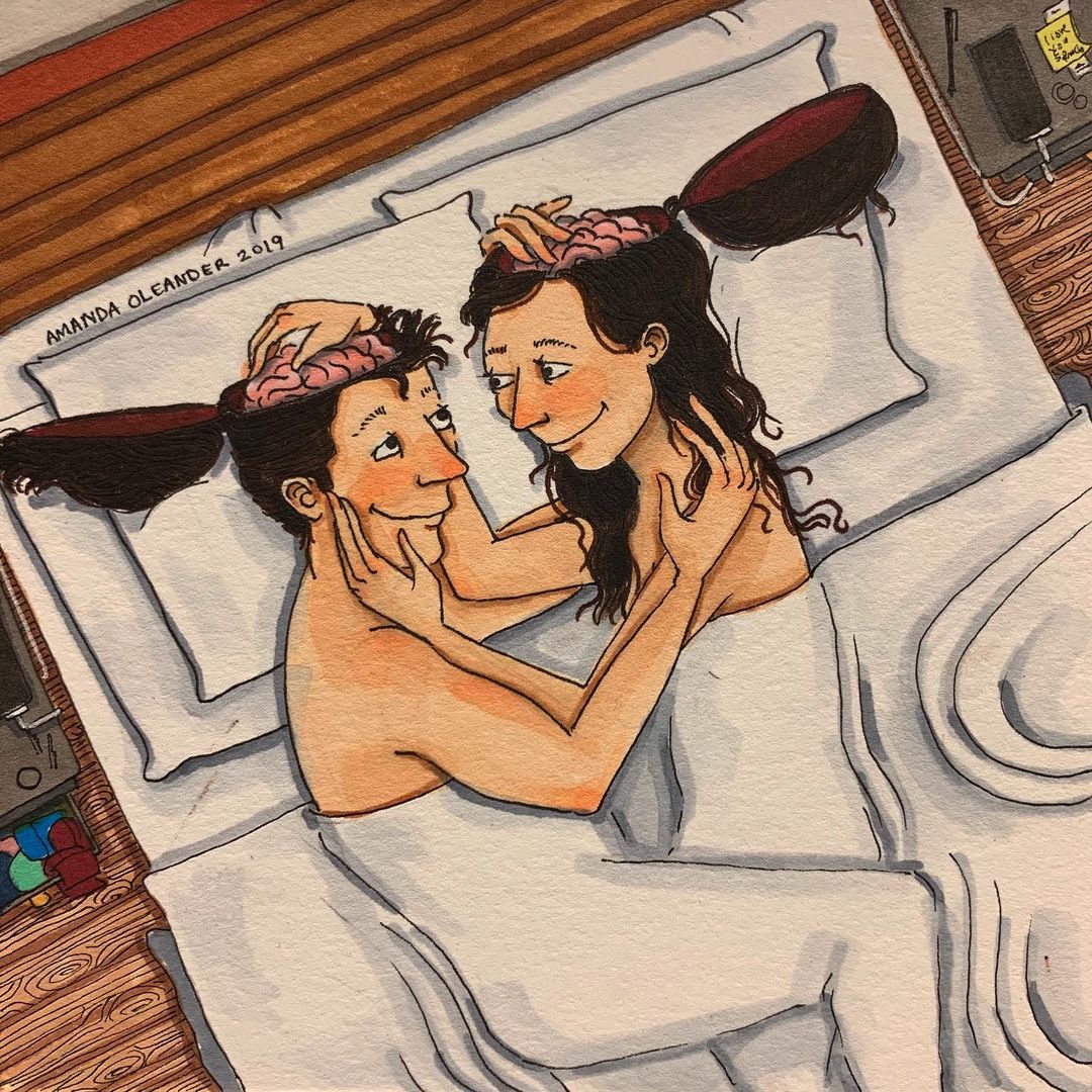 artwork of a couple in bed touching each other's brain 