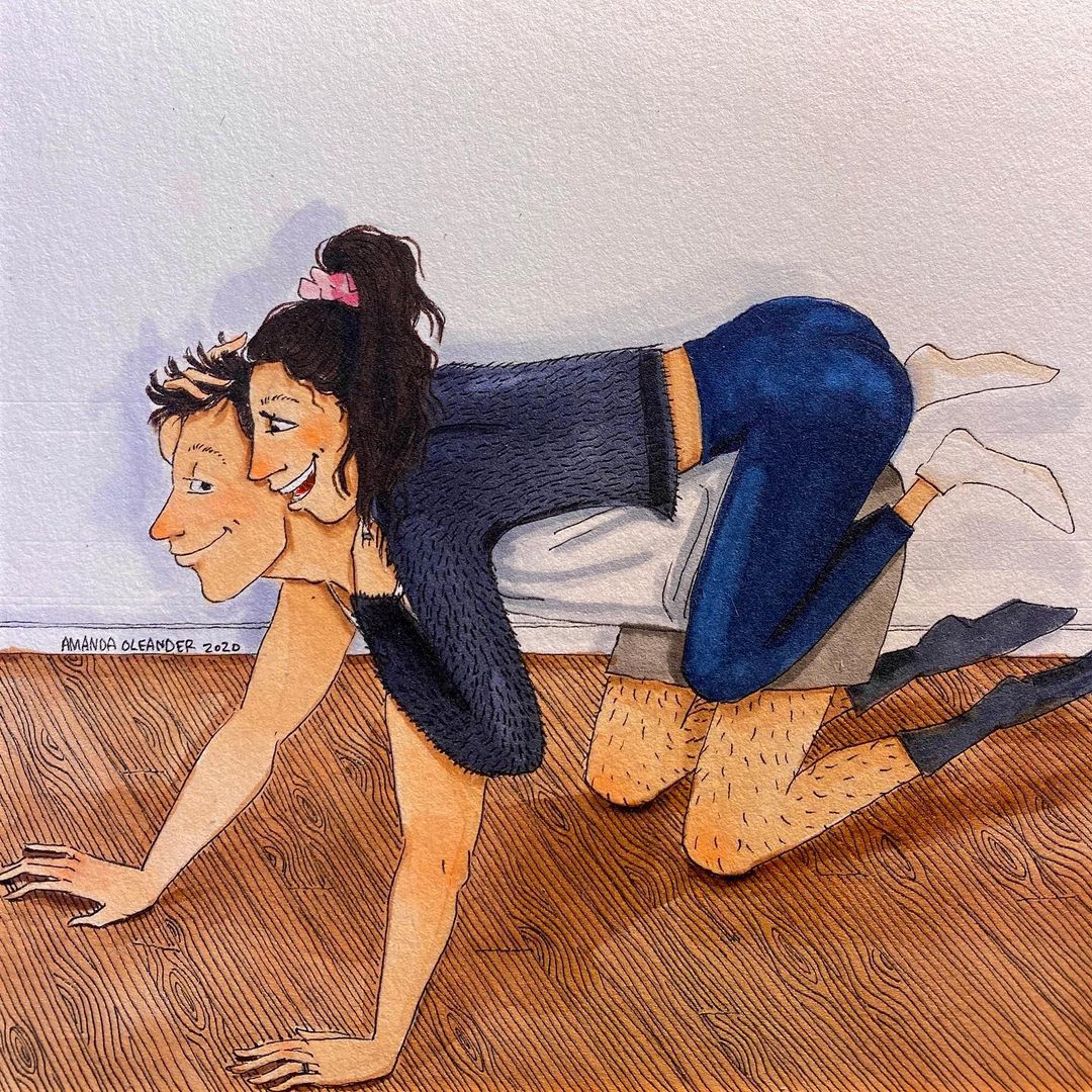 artwork of a woman riding her man's back 