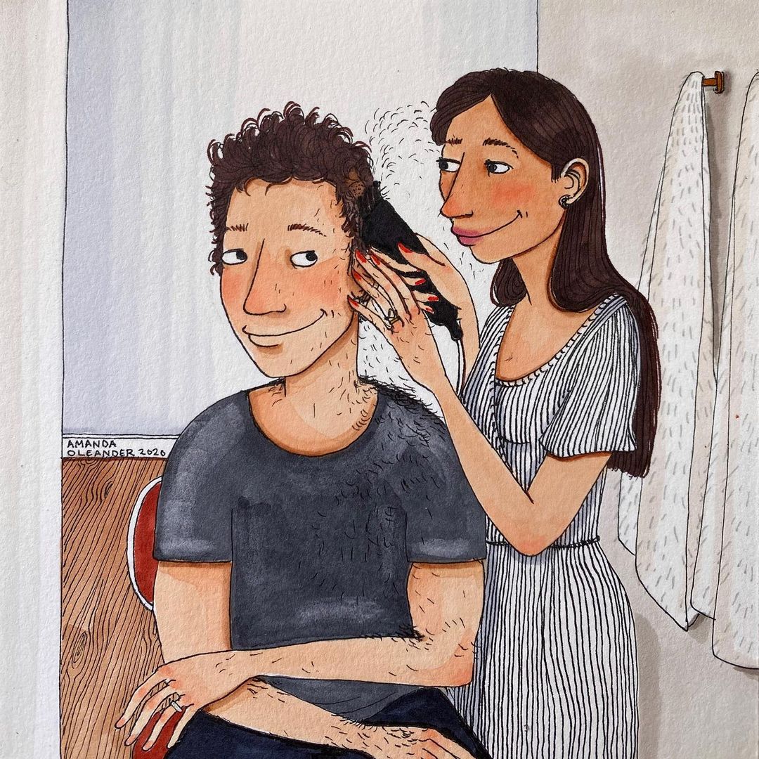 artwork of a woman trimming his man's hair