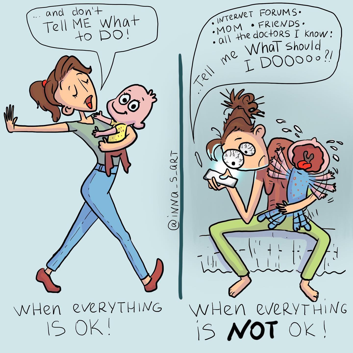 a comics comparing a mom when her child is okay and when he is not 