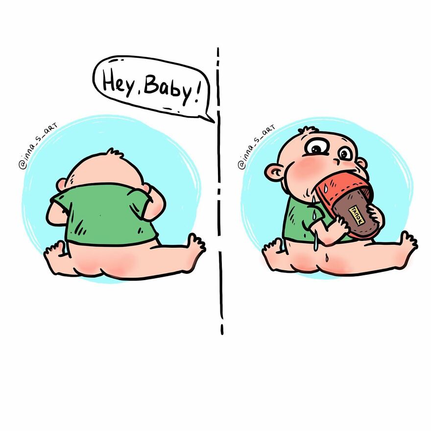 comics of a baby putting slipper to his mouth 