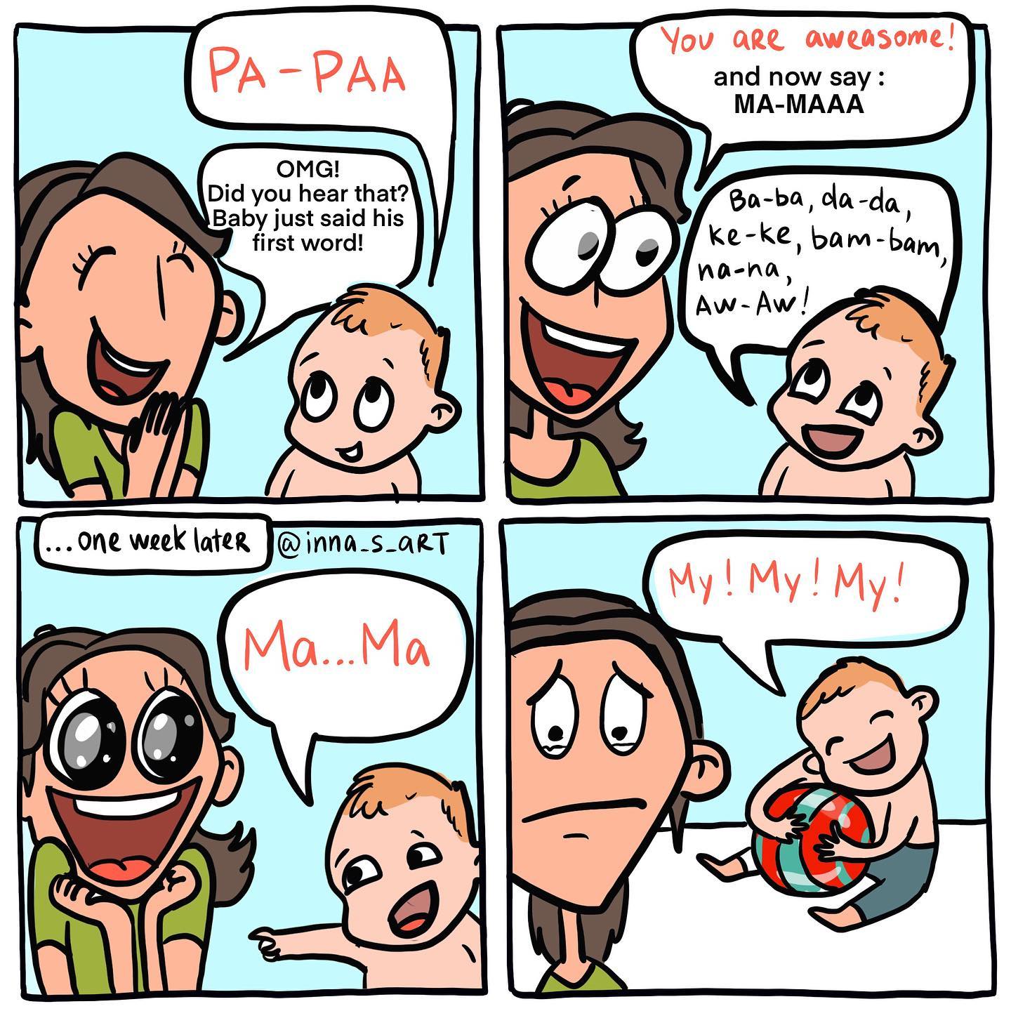 comics of a happy woman because her child said mama