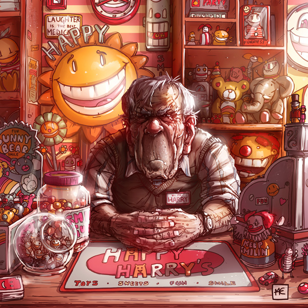 illustration of a sad man selling toys and sweets 