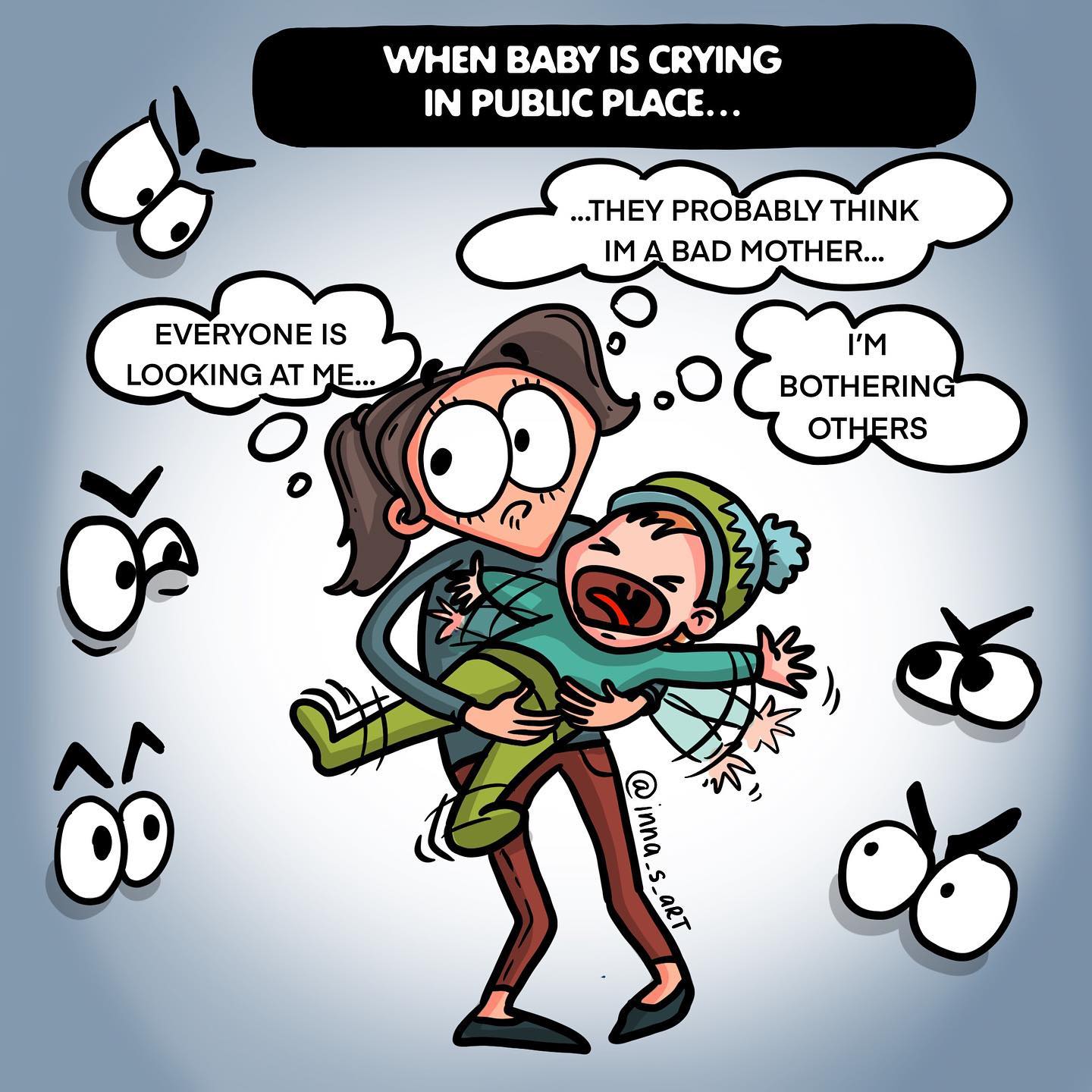 comics about a mom overthinking when her child is crying in public 