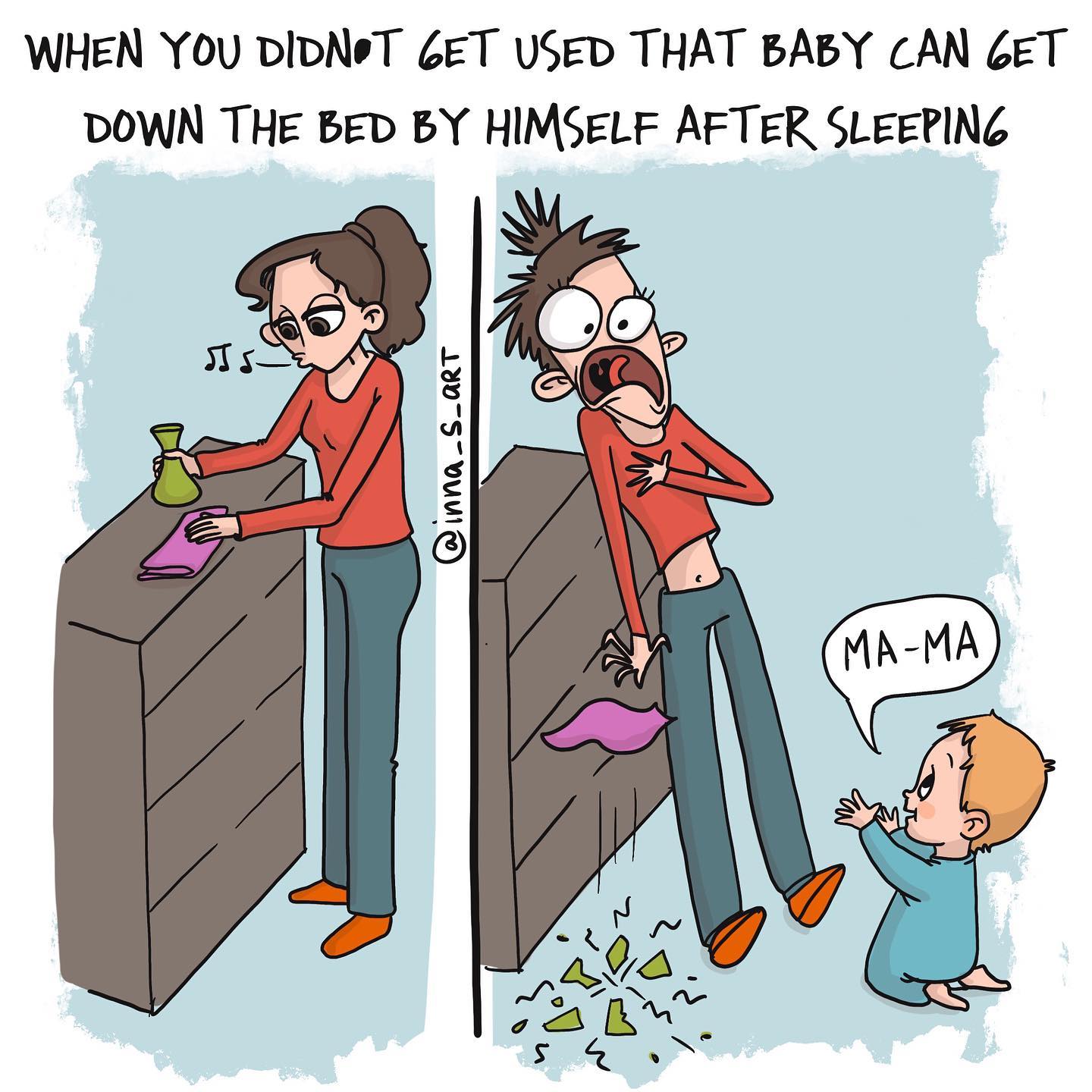 comics of a shocked mom because the vase got broken by her child 