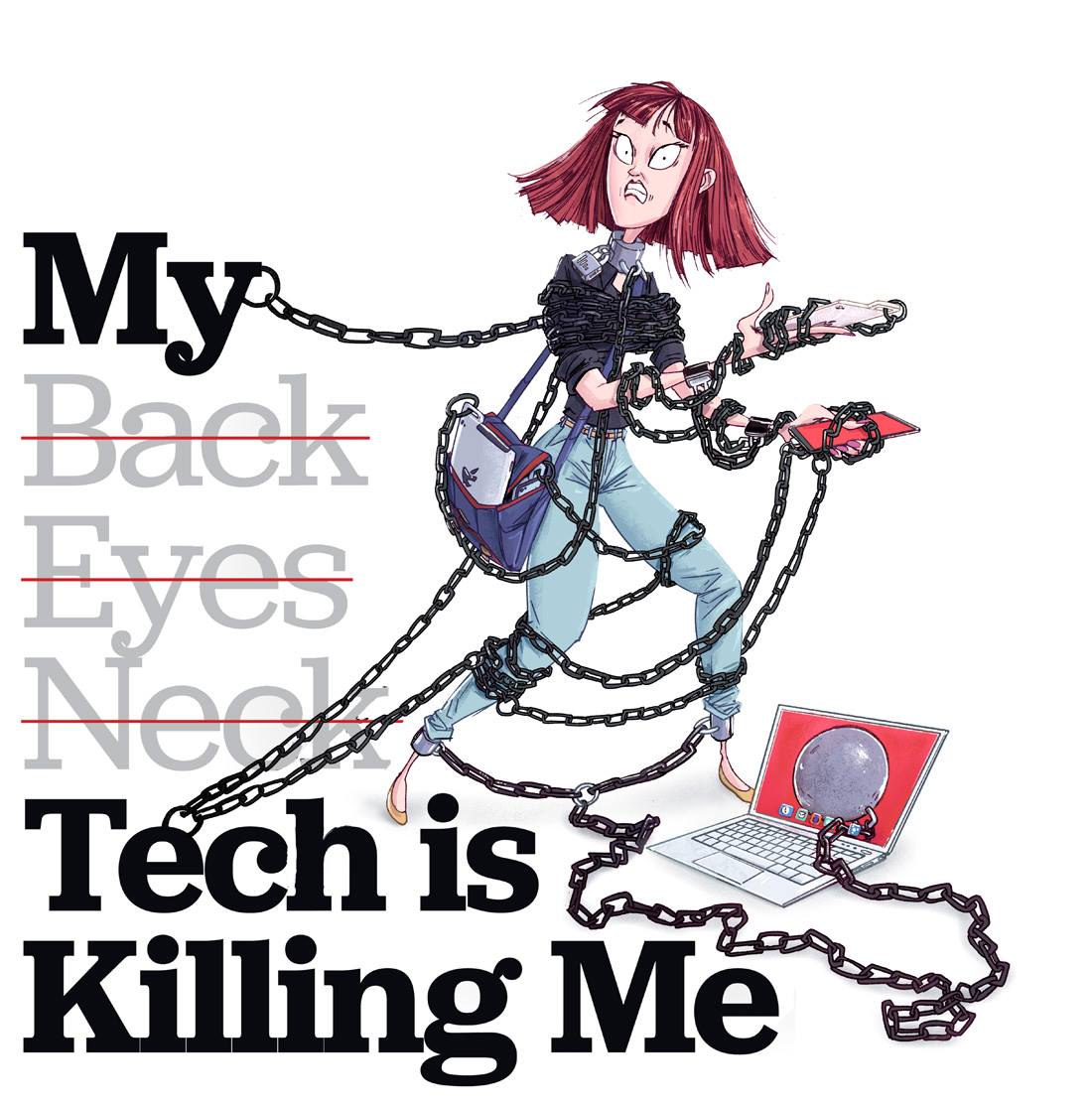 illustration of a woman chained by gadgets 