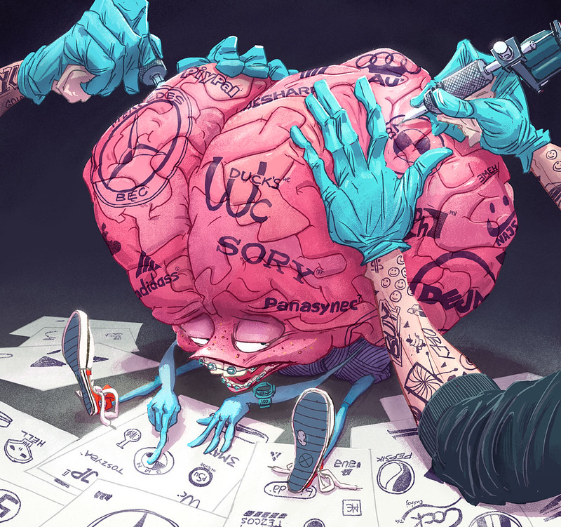 illustration of a brain being tattooed 
