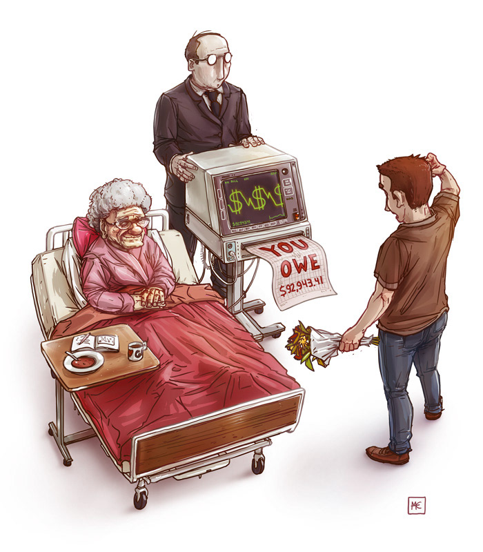 illustration of a sick woman and her loved one with the money he owes 