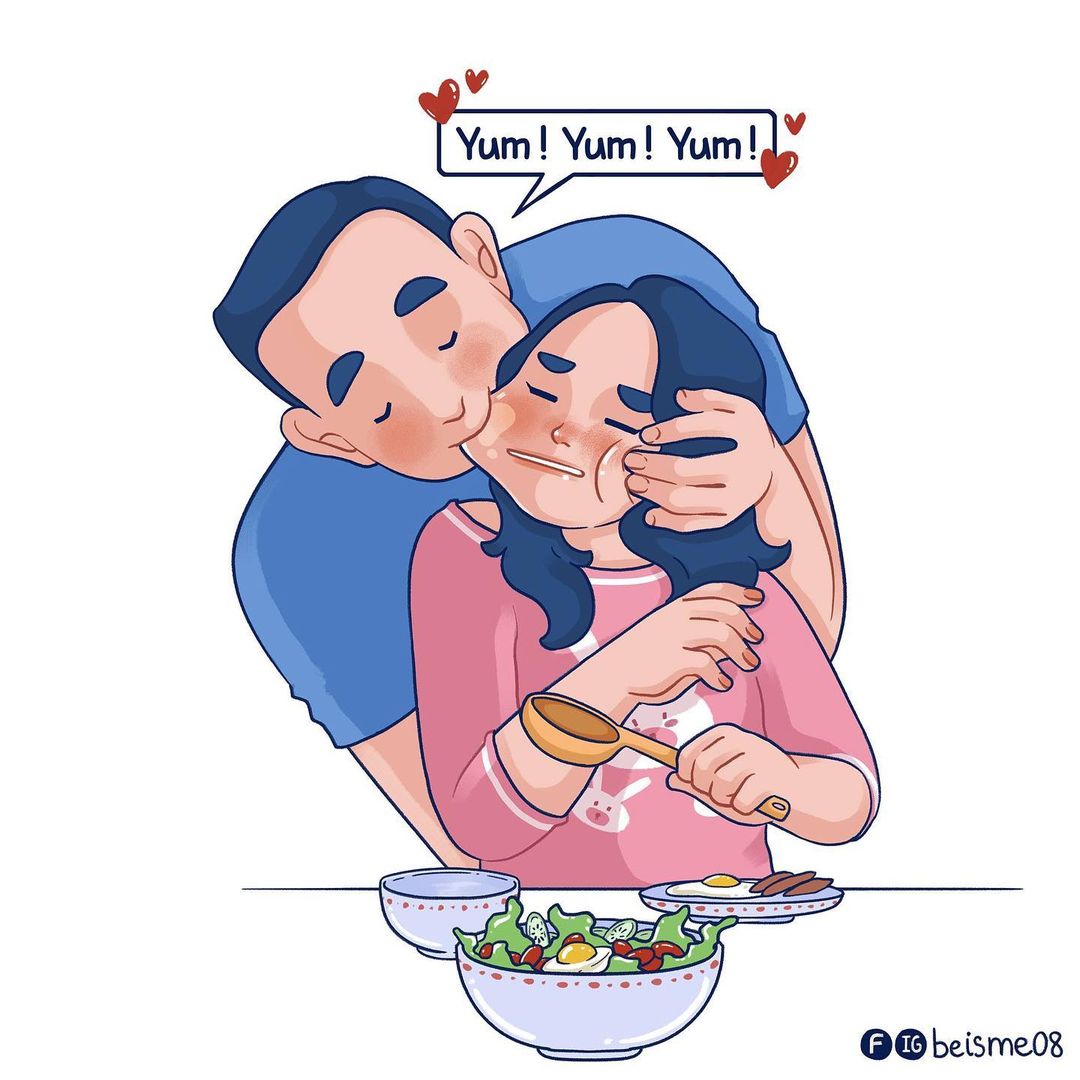 a comics of a couple being playful while eating 