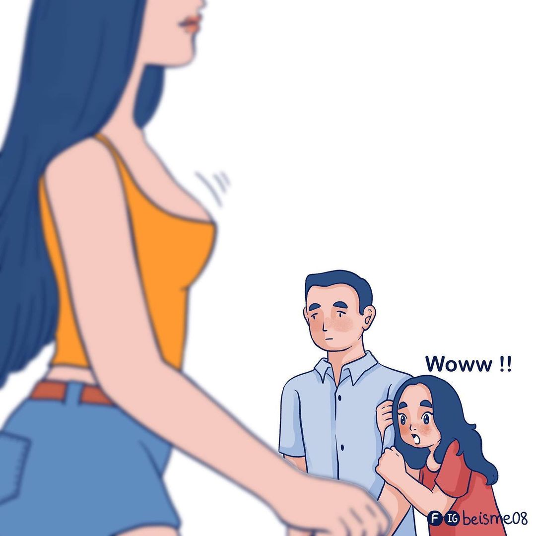 comics of a woman holding her man's arm because he saw a hot woman 