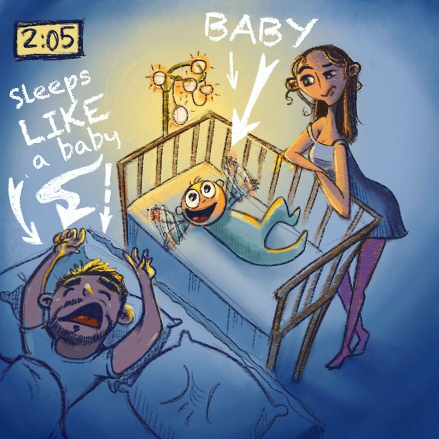 comics of a man sleeping faster than his baby 