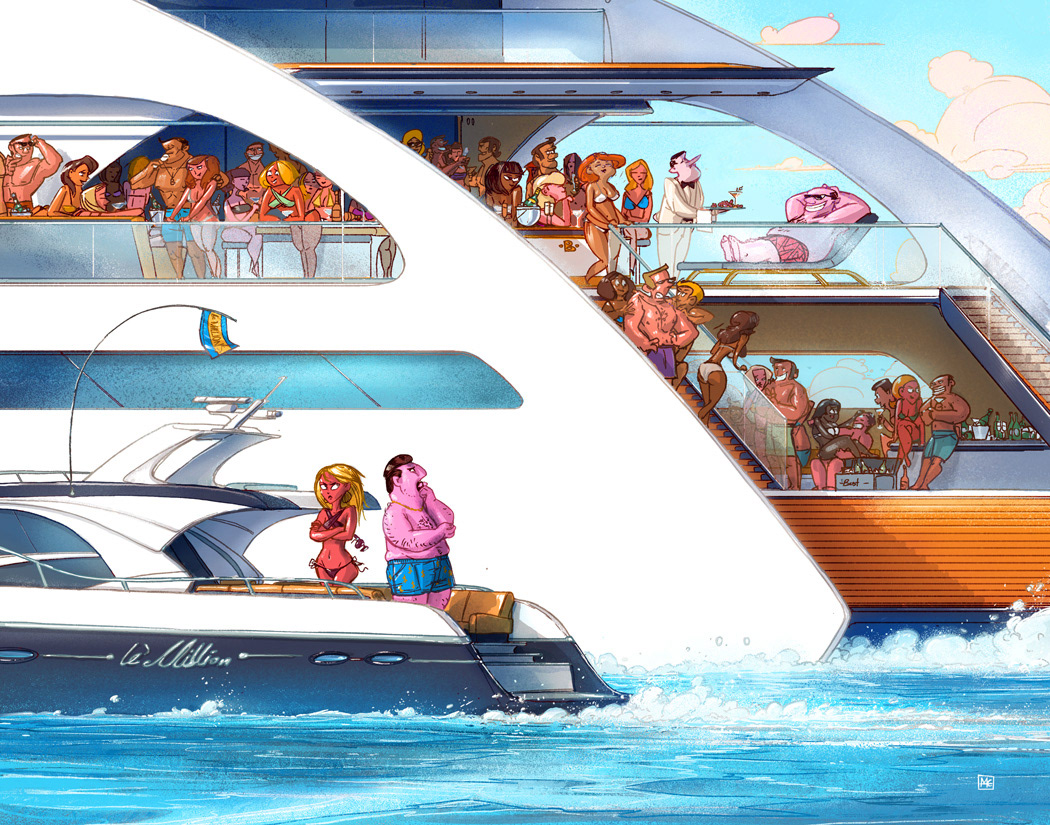 illustration of unhappy rich people on a yacht 