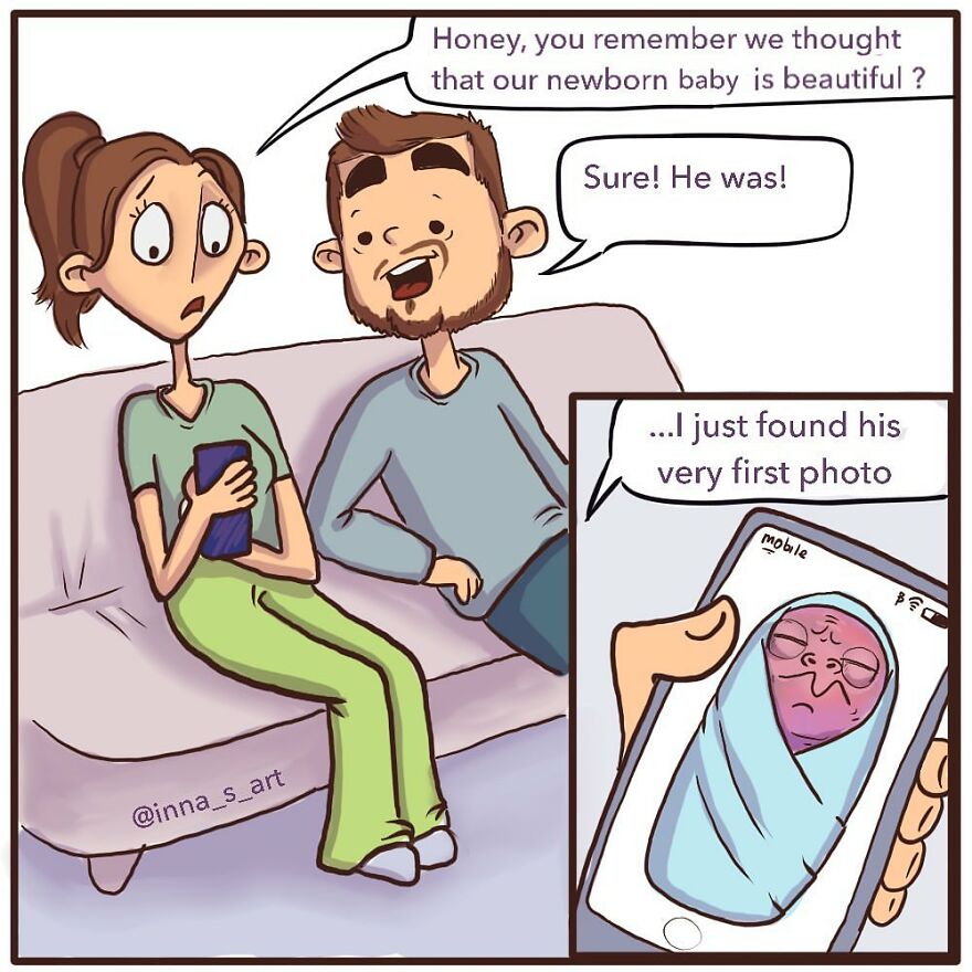 comics about parents talking about their child's first photo 