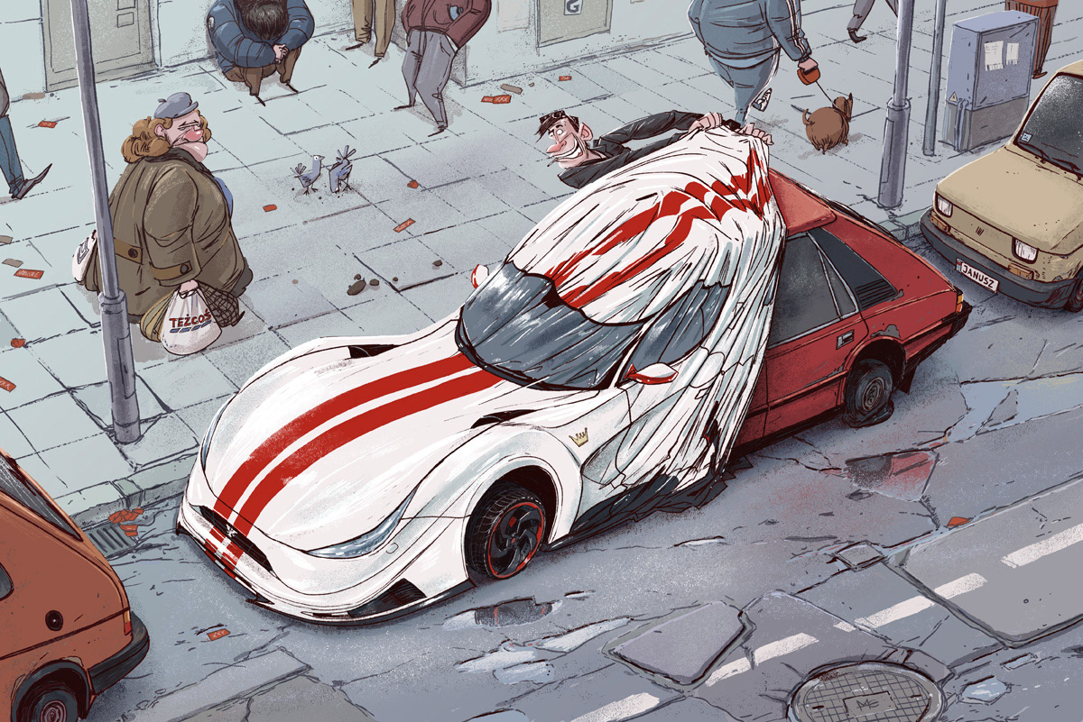 illustration of a man showing off his car to people on the street 