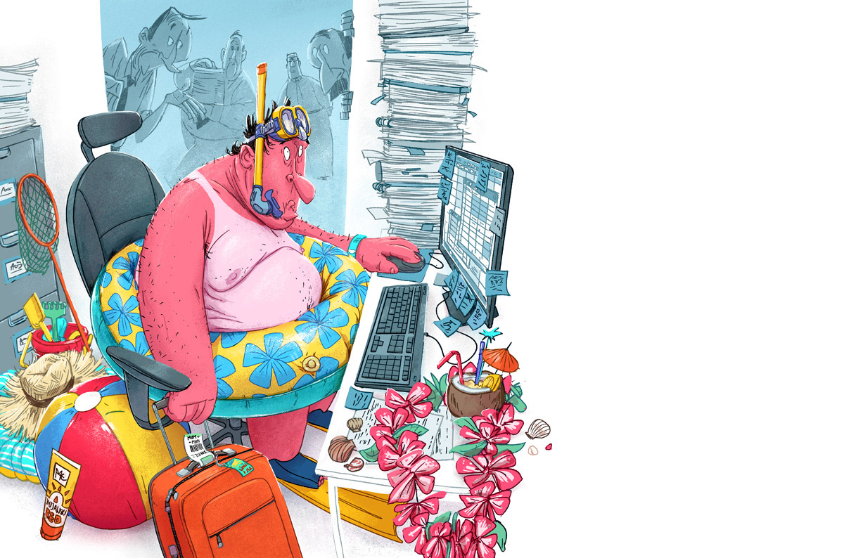 illustration of a man with a beach outfit and things while working on his computer