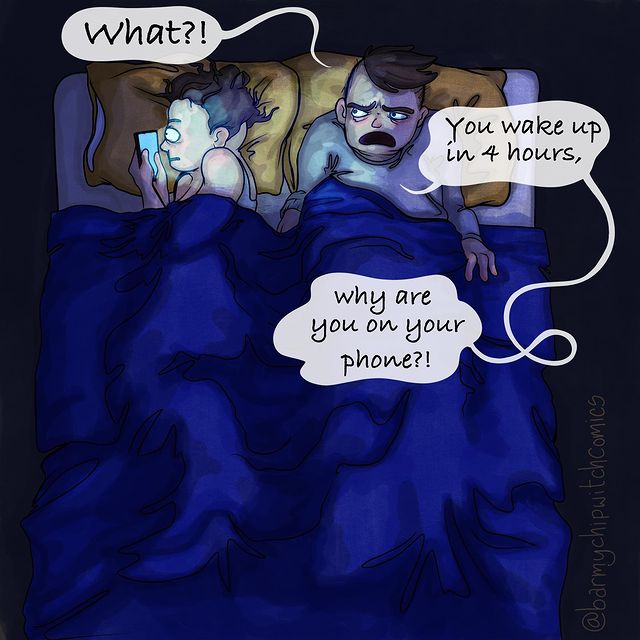comics of a woman looking at her phone while sleeping next to her man