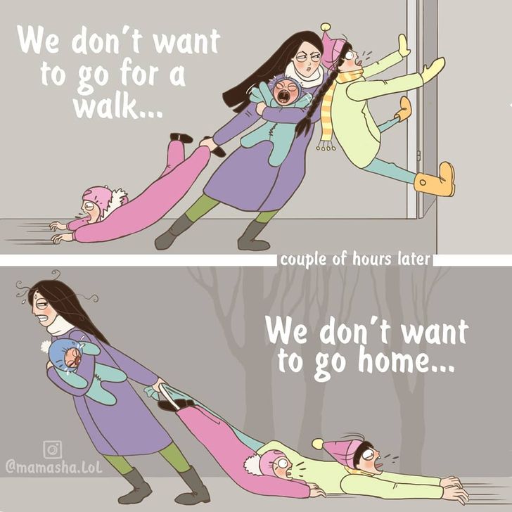 comics of a mom dragging her kids because they do not want to go home