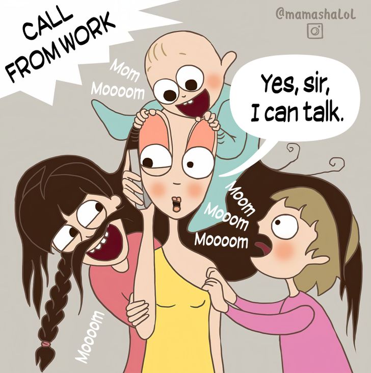 comics about a mom talking to the phone and her kids are calling her name 