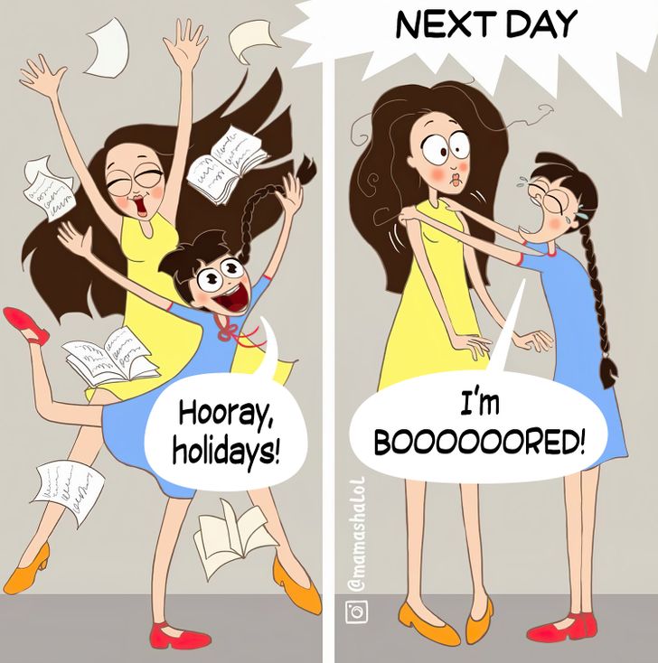 comics of a child telling her mom that she feels bored 