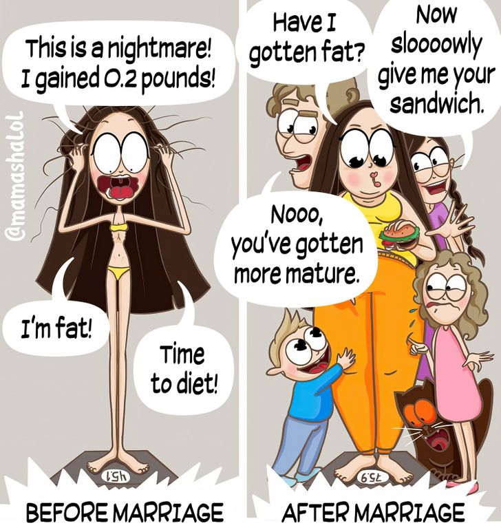 comics about a mom comparing her weight before and after marriage 